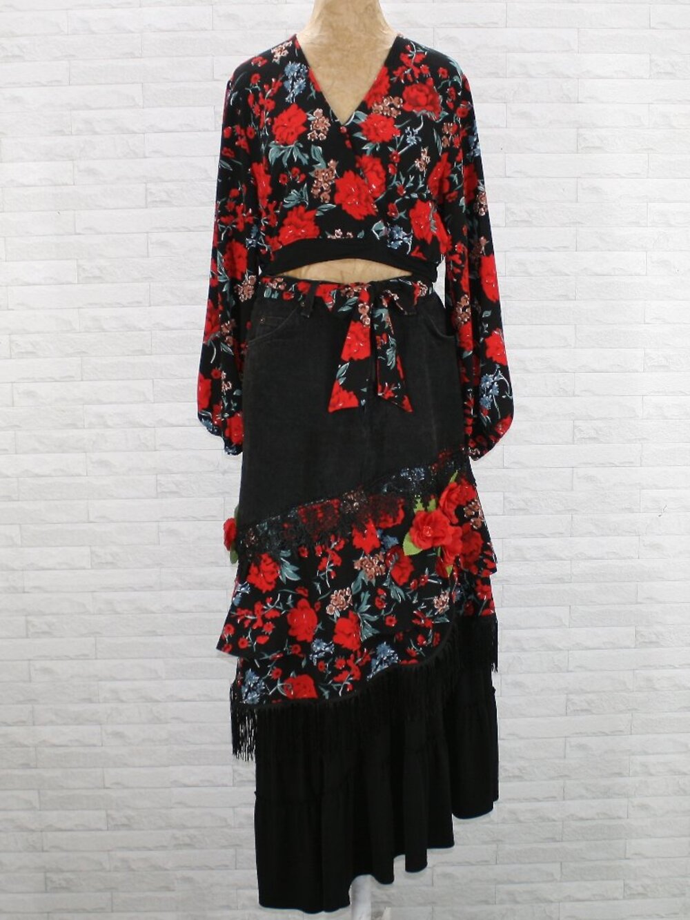 HAND CRAFTED Upcycled Skirt Set Denim Jean Lace Red Rose Maxi Black Small